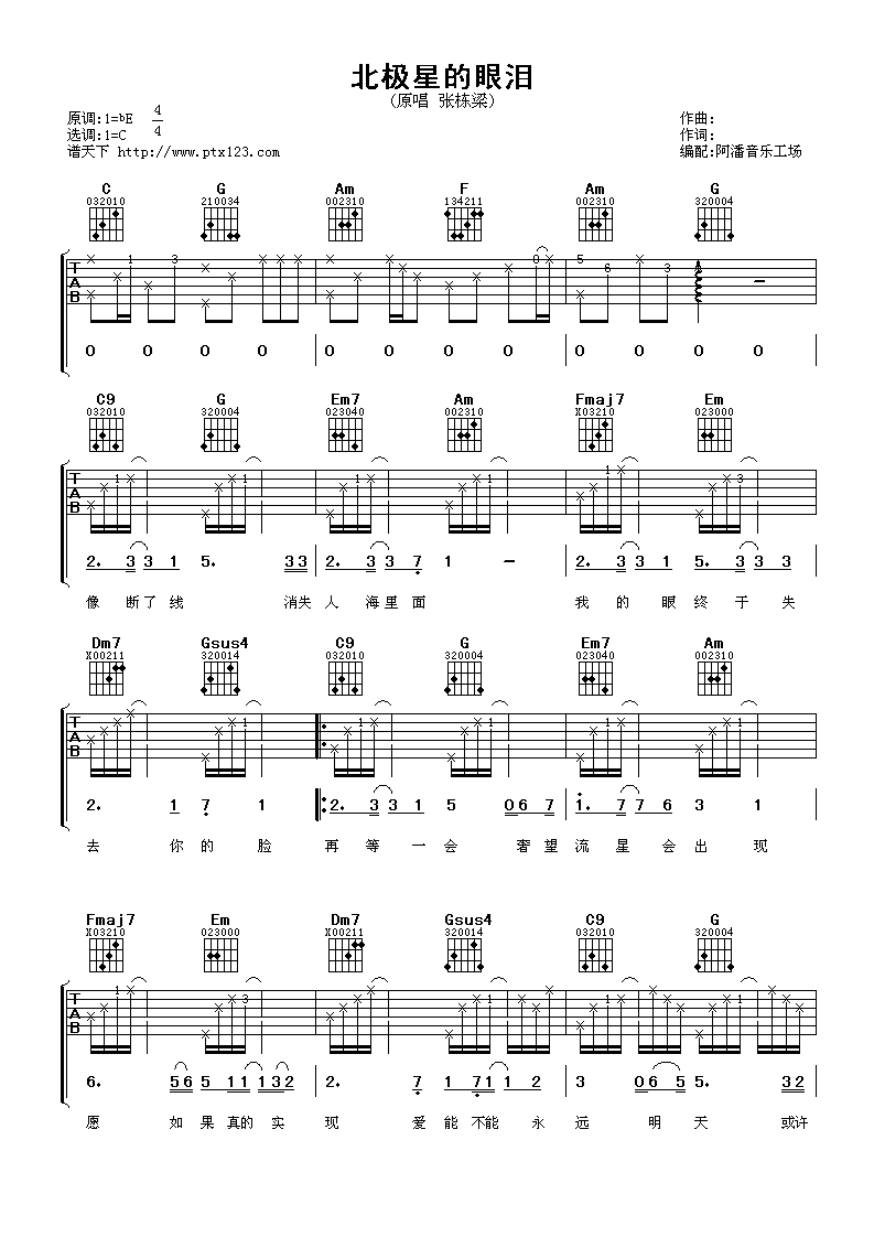 张栋梁《北极星的眼泪》吉他谱_C调原版弹唱谱