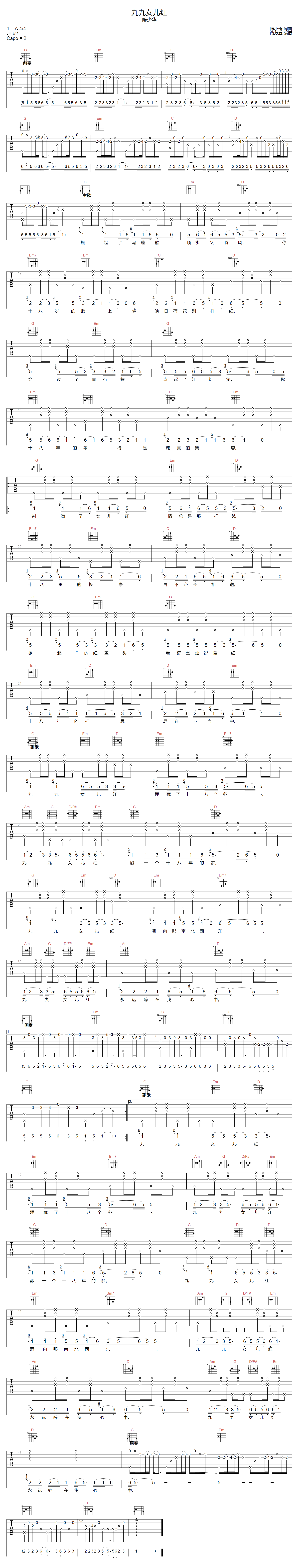 陈少华《九九女儿红》吉他谱_G调原版弹唱谱 陈少华《九九女儿红》吉他谱_G调原版弹唱谱