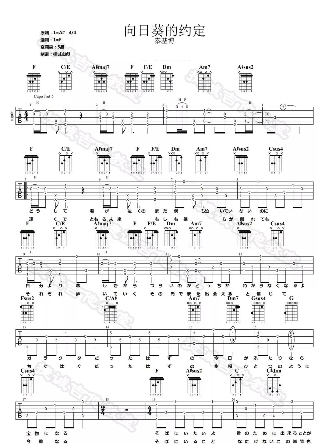 秦基博《向日葵的约定》吉他谱_F调原版弹唱谱