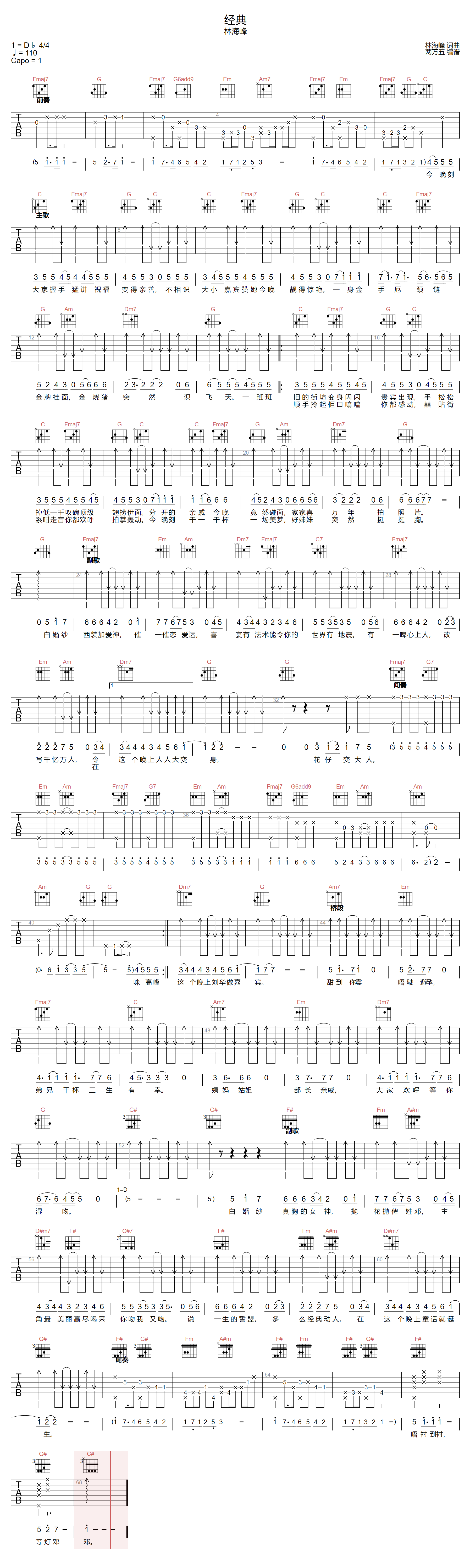 林海峰《经典》吉他谱_C调指法原版弹唱谱 林海峰《经典》吉他谱_C调指法原版弹唱谱