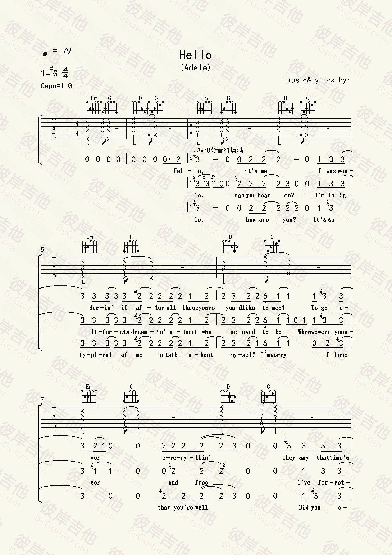 Adele《Hello》吉他谱_G调指法原版弹唱谱