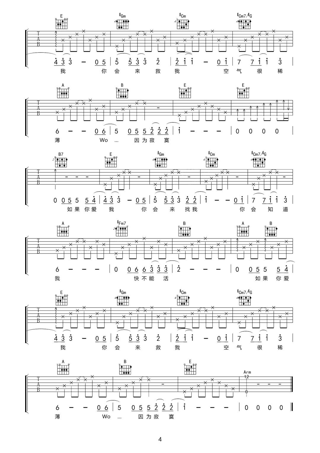 范晓萱《氧气》吉他谱_E调指法原版弹唱谱