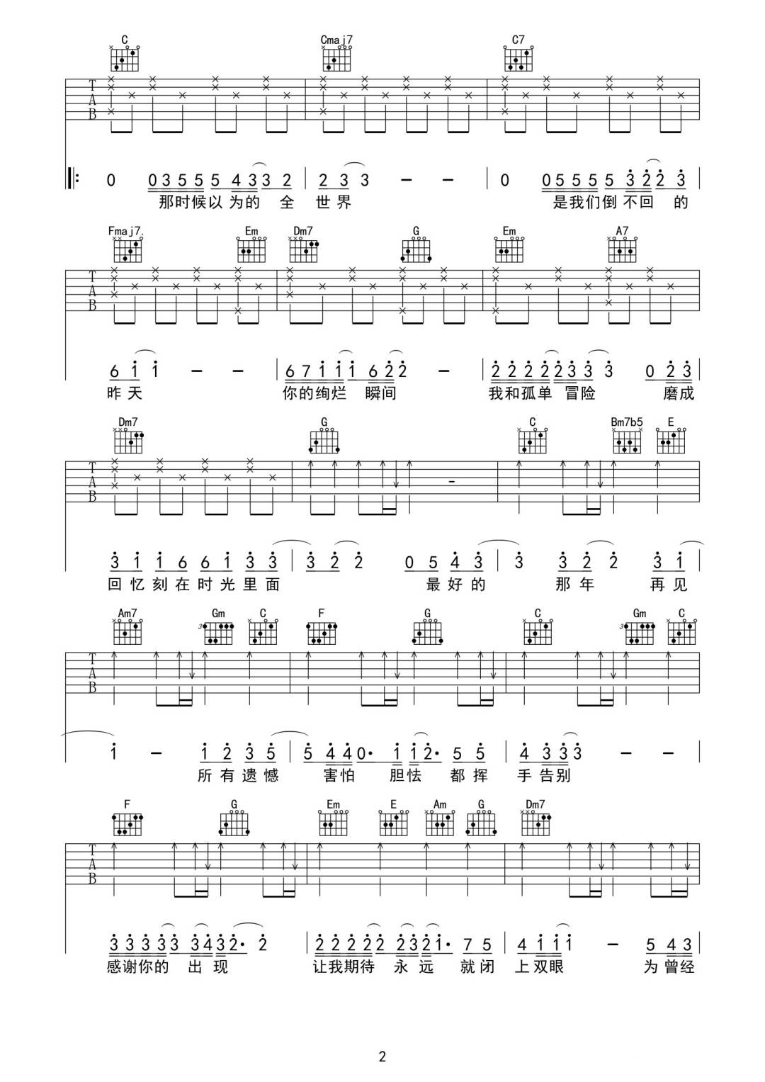 TFBOYS《最好的那年》吉他谱_C调原版弹唱谱
