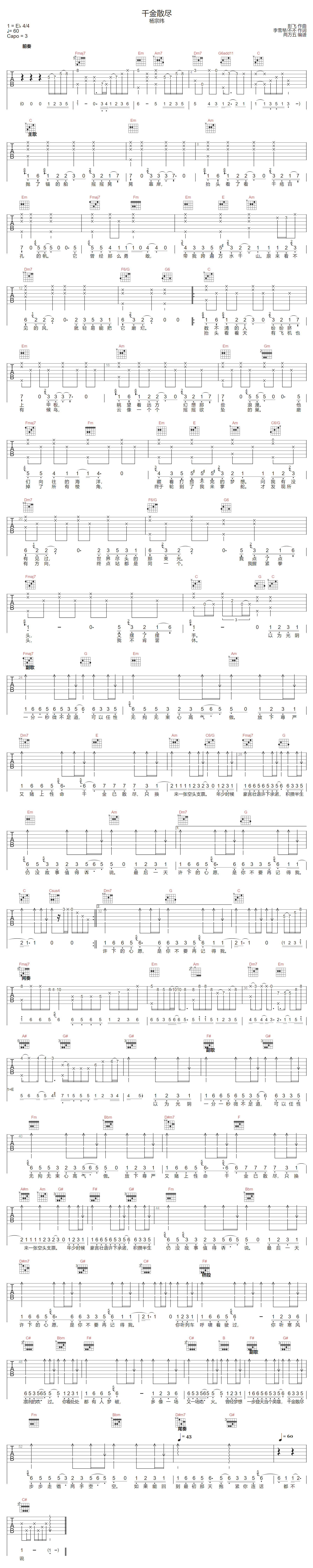 杨宗纬《千金散尽》吉他谱_C调指法原版弹唱谱