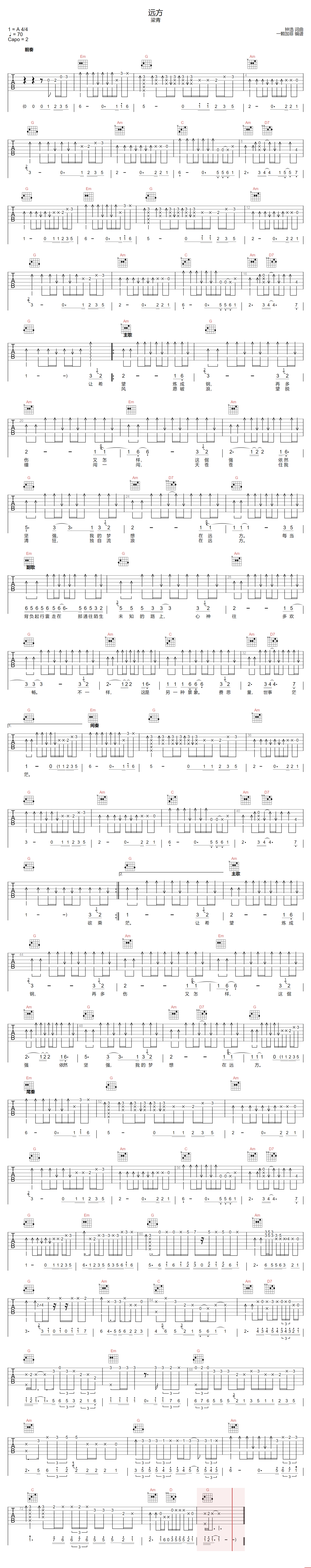 梁青《远方》吉他谱_G调指法原版弹唱谱