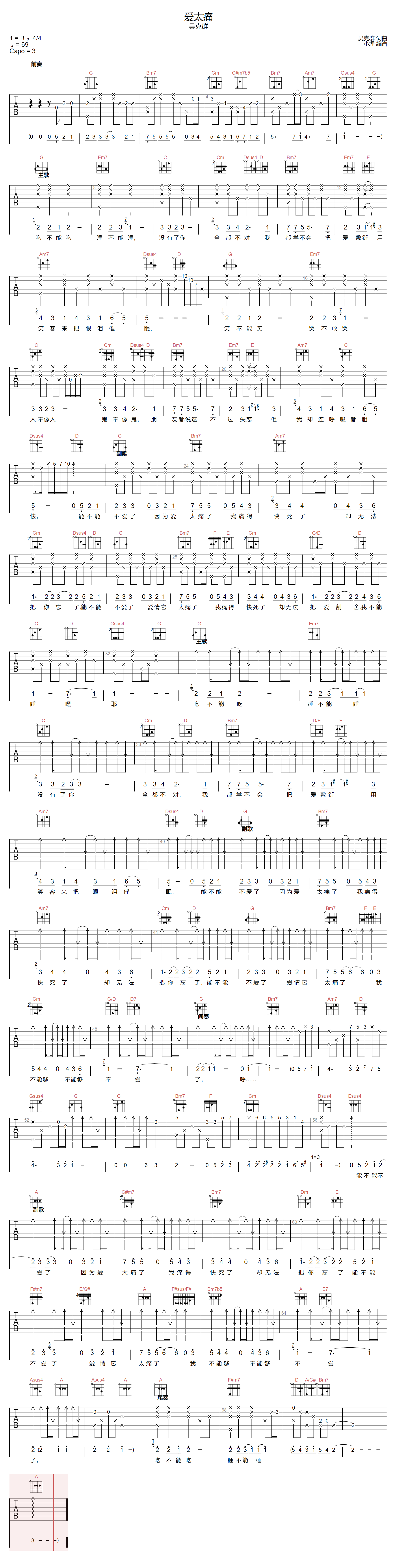 吴克群《爱太痛》吉他谱_G调指法原版弹唱谱