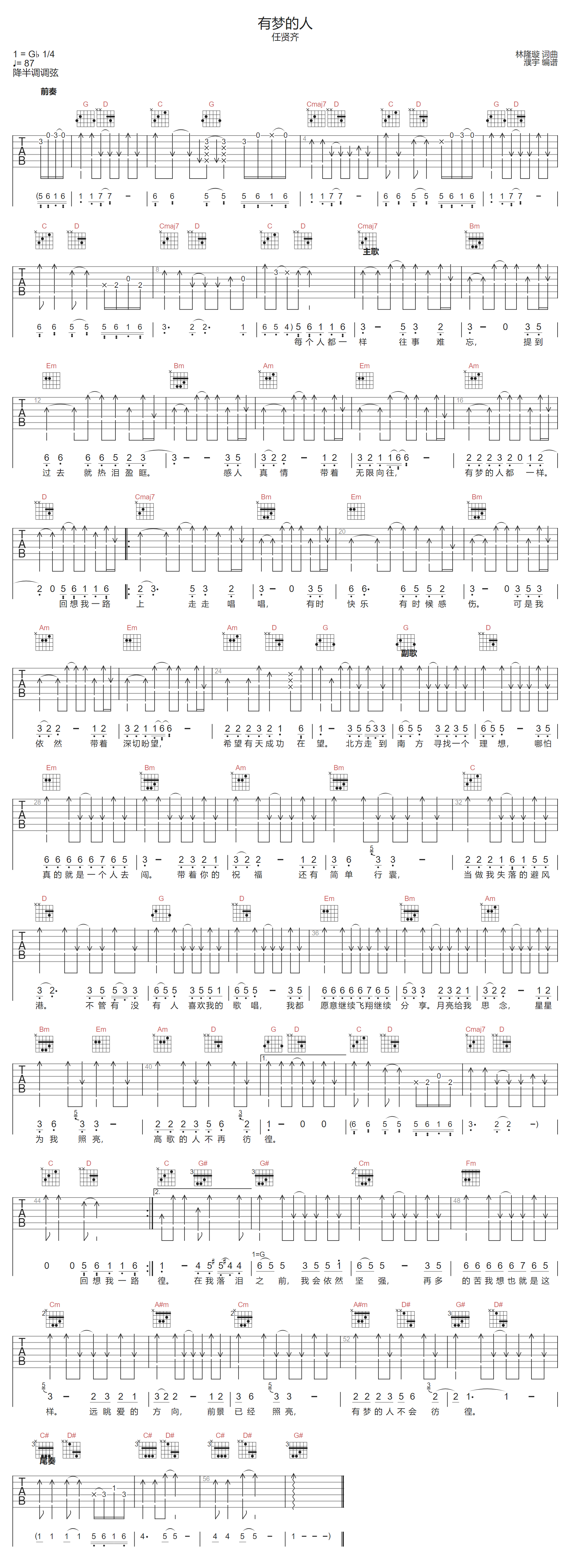 任贤齐《有梦的人》吉他谱_G调指法原版弹唱谱 任贤齐《有梦的人》吉他谱_G调指法原版弹唱谱