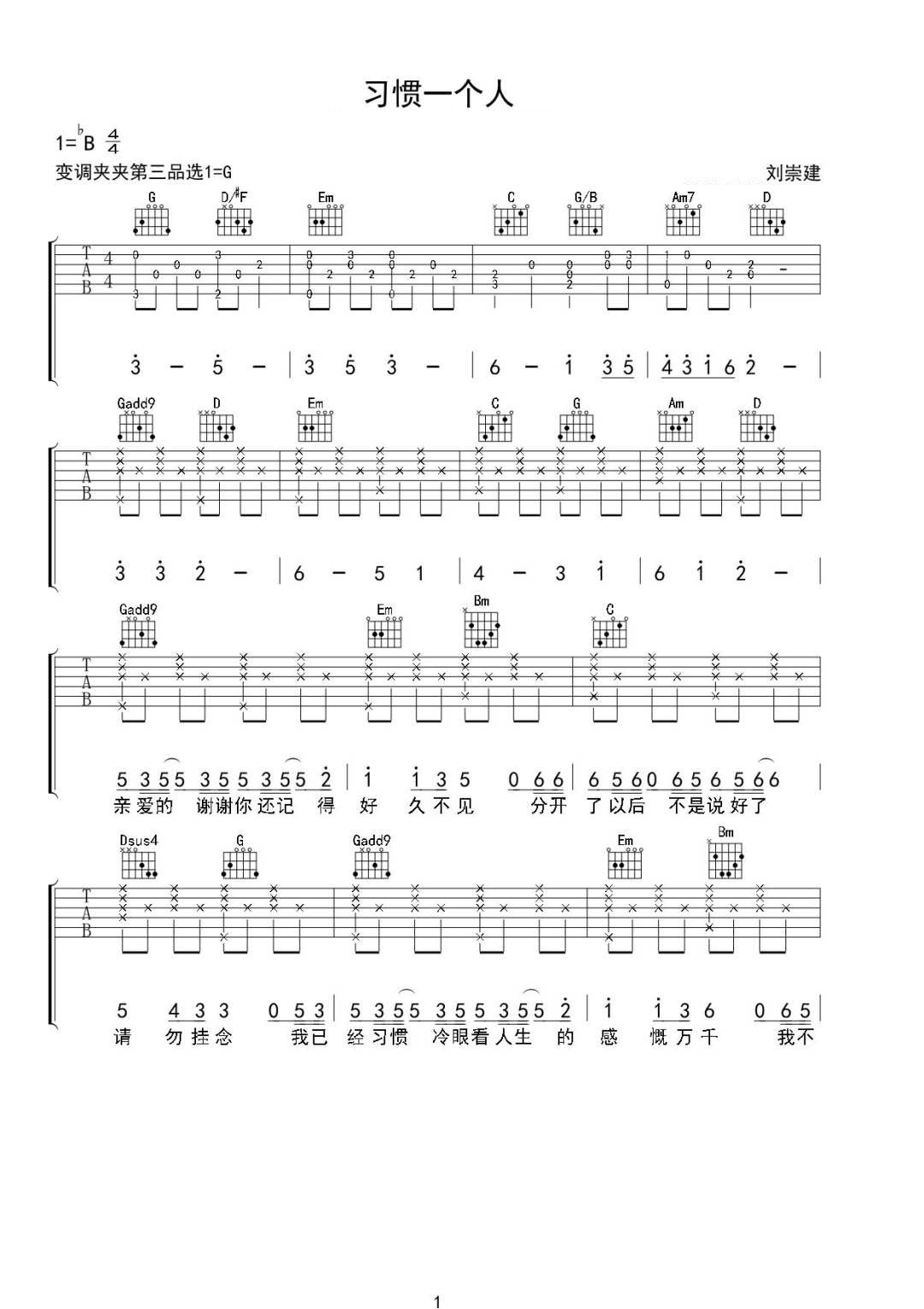 刘崇建《习惯一个人》吉他谱_G调原版弹唱谱 刘崇建《习惯一个人》吉他谱_G调原版弹唱谱