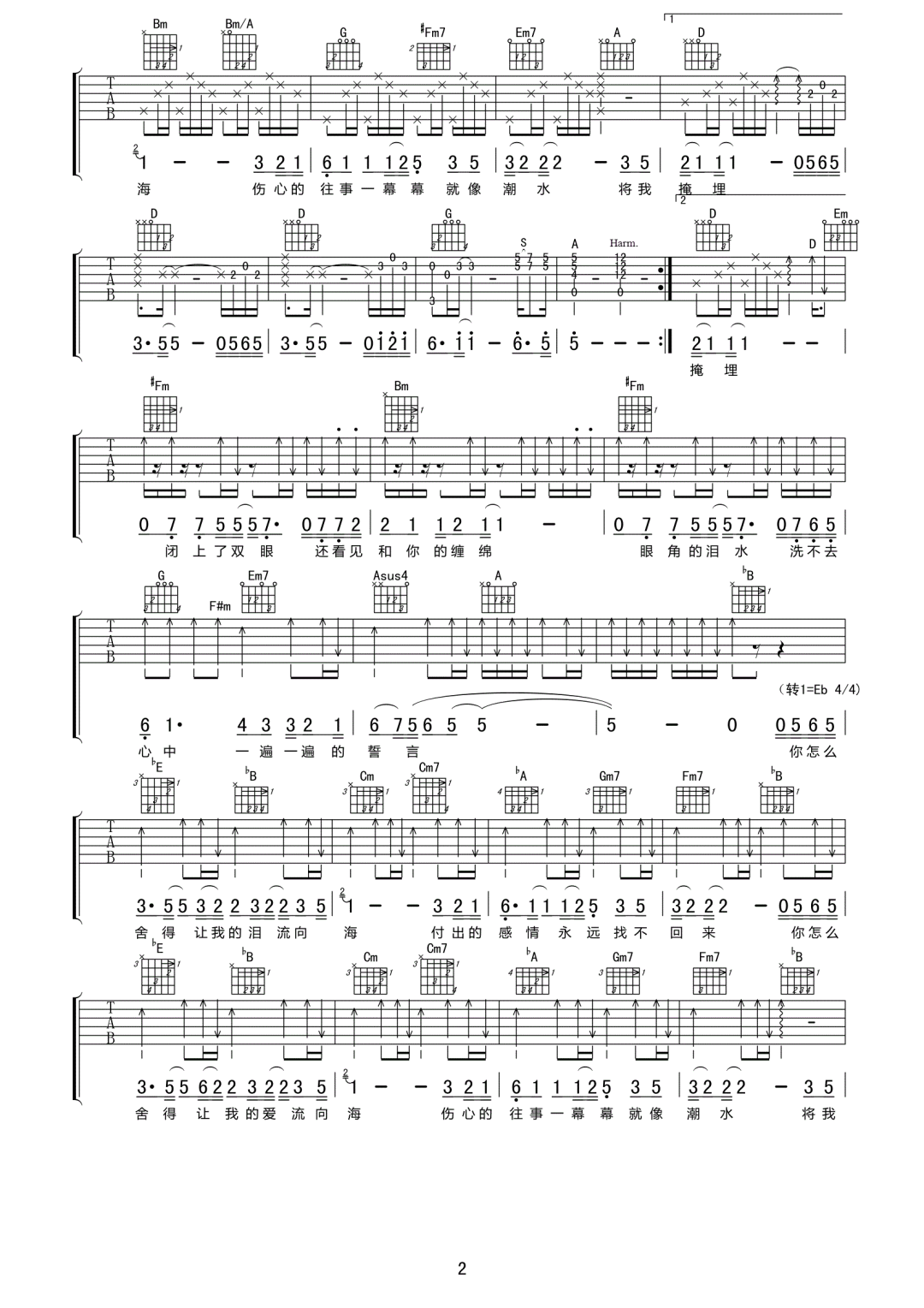 许茹芸《泪海》吉他谱_D调指法原版弹唱谱