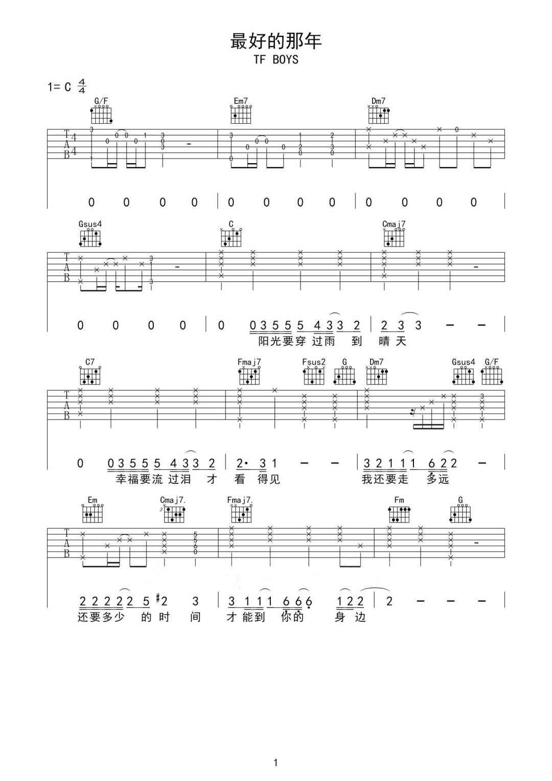 TFBOYS《最好的那年》吉他谱_C调原版弹唱谱