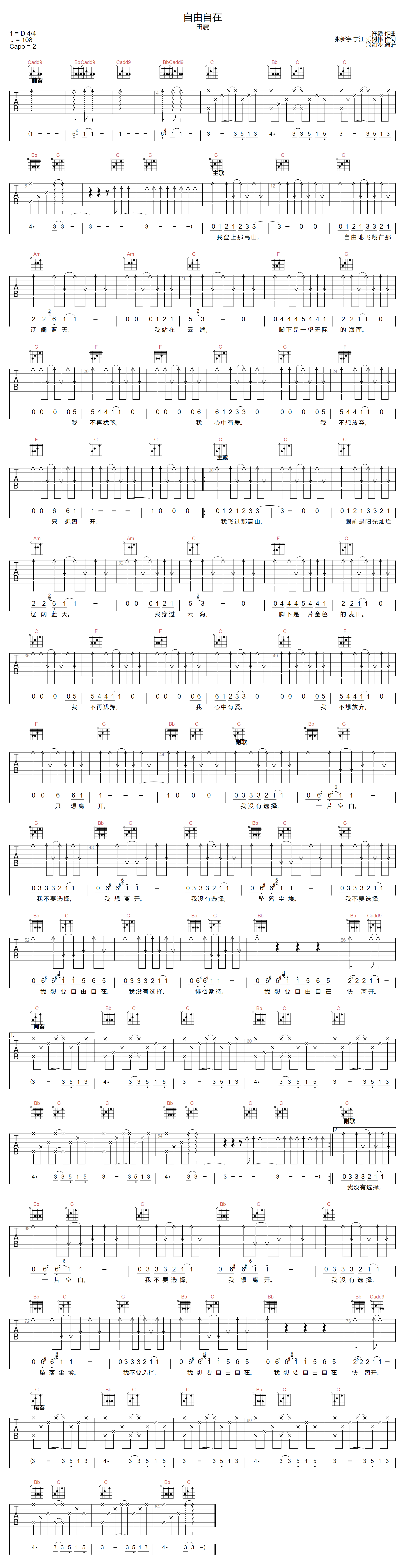 田震《自由自在》吉他谱_C调指法原版弹唱谱