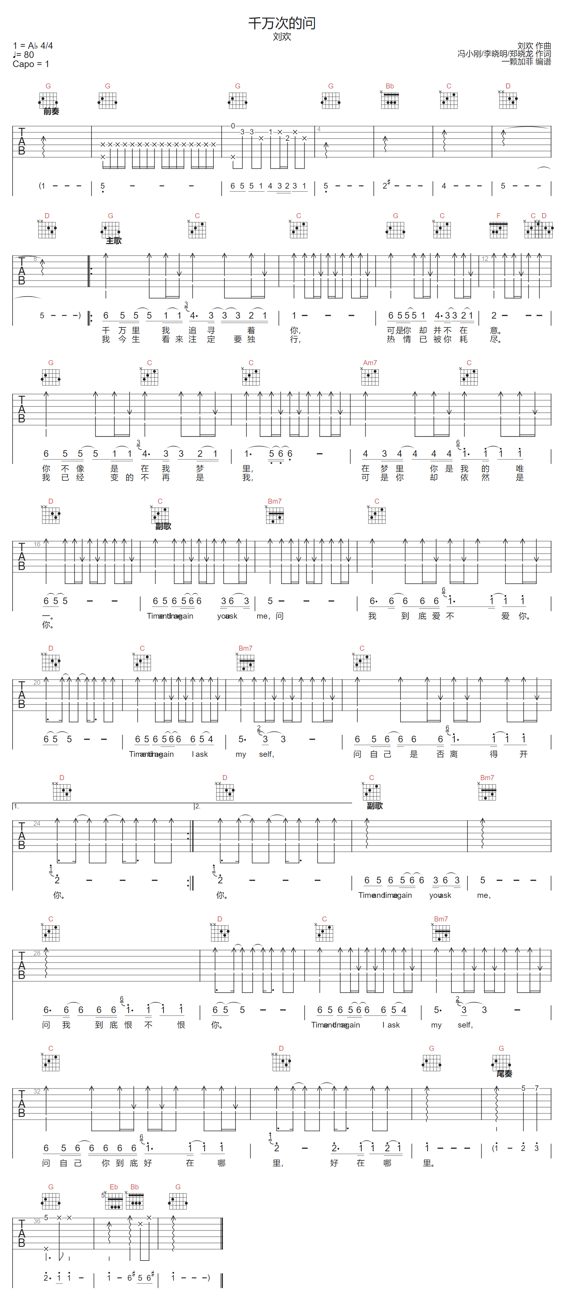 刘欢《千万次的问》吉他谱_G调指法原版弹唱谱