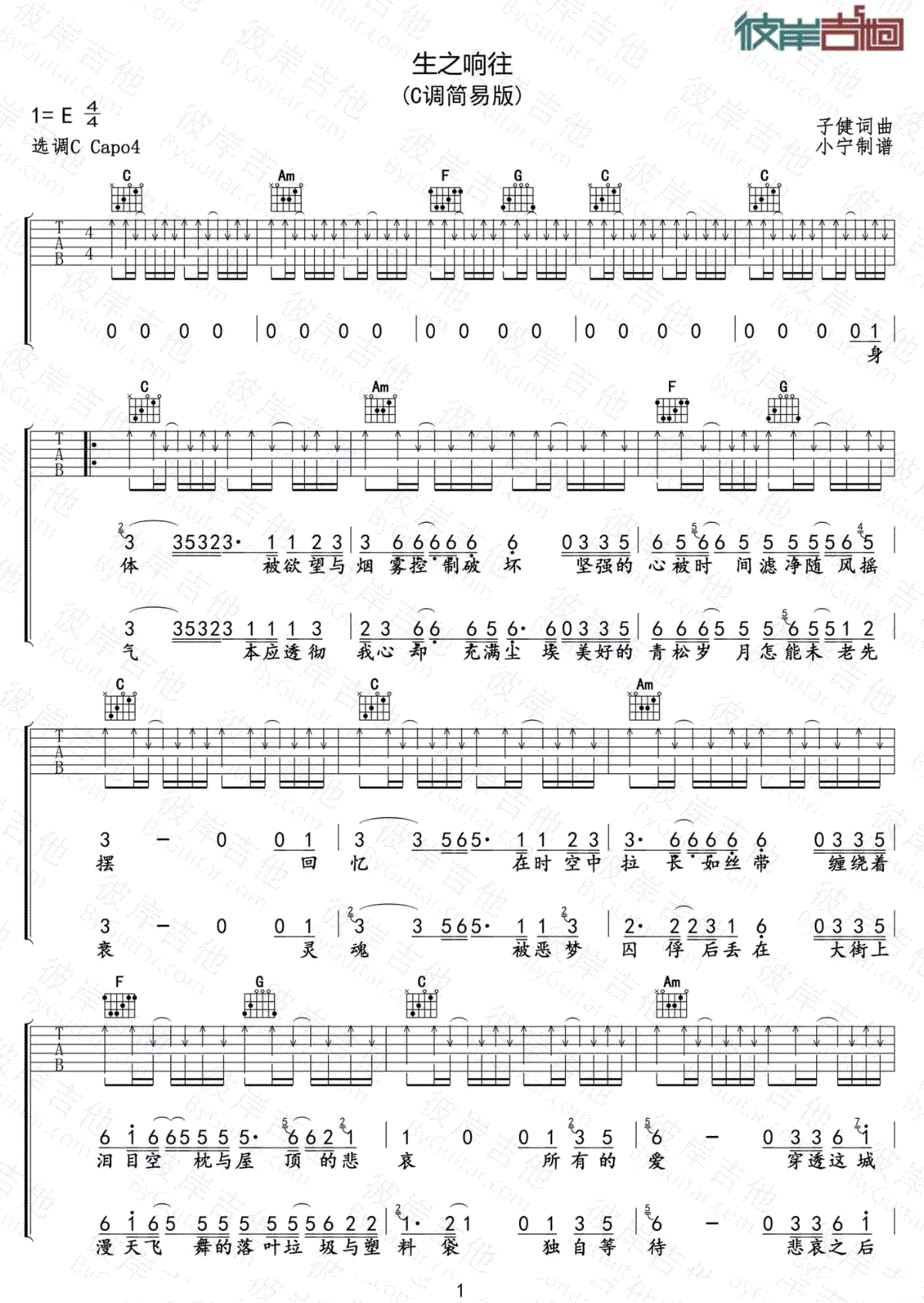 刺猬乐队《生之响往》吉他谱_C调指法扫弦版