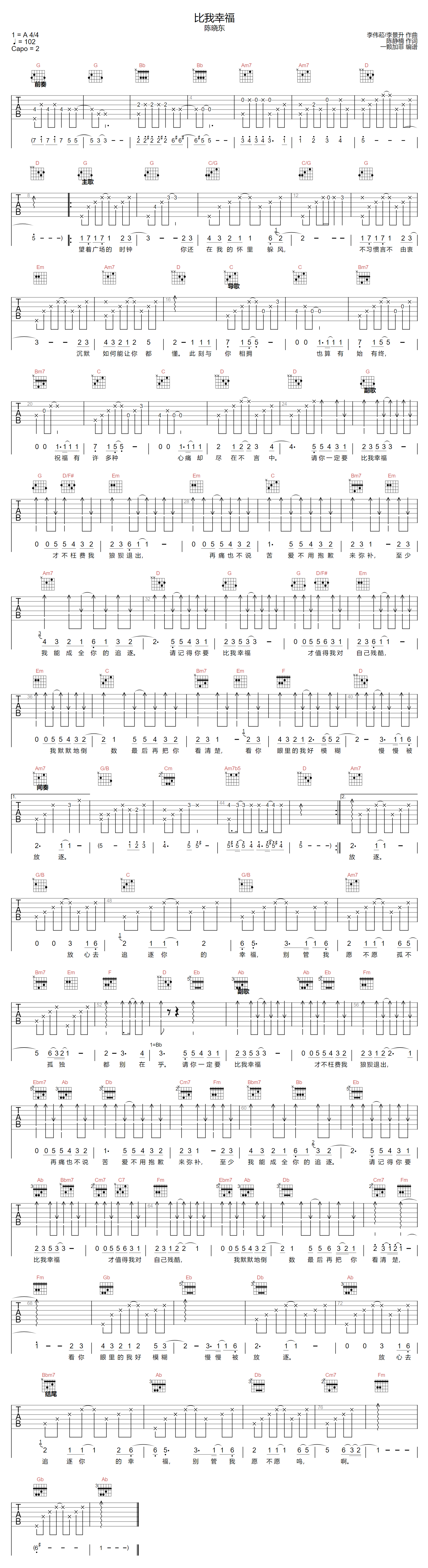 陈晓东《比我幸福》吉他谱_G调指法原版弹唱谱