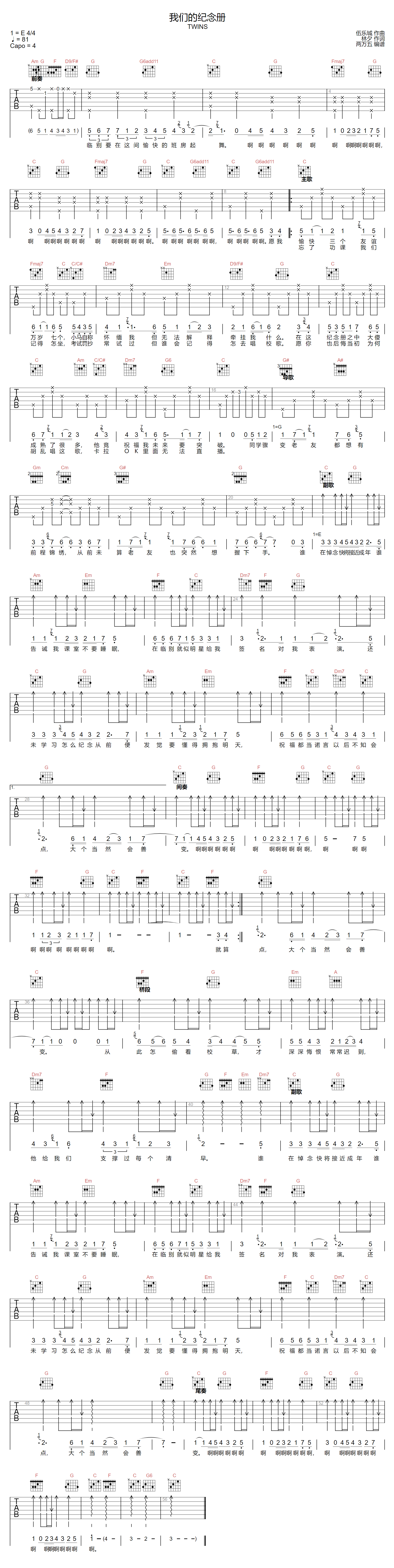 Twins《我们的纪念册》吉他谱_C调原版弹唱谱 Twins《我们的纪念册》吉他谱_C调原版弹唱谱