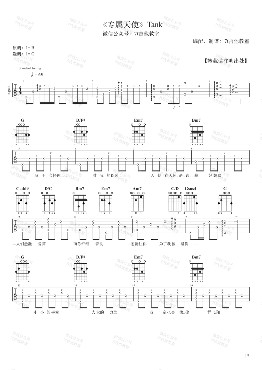 Tank《专属天使》吉他谱_G调指法原版弹唱谱