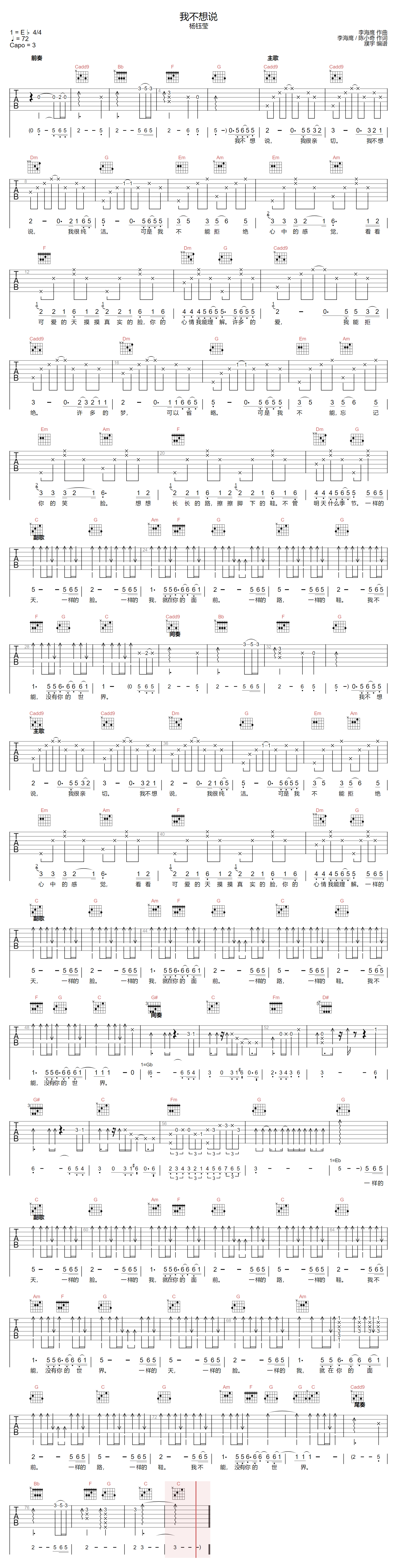 杨钰莹《我不想说》吉他谱_C调指法原版弹唱谱