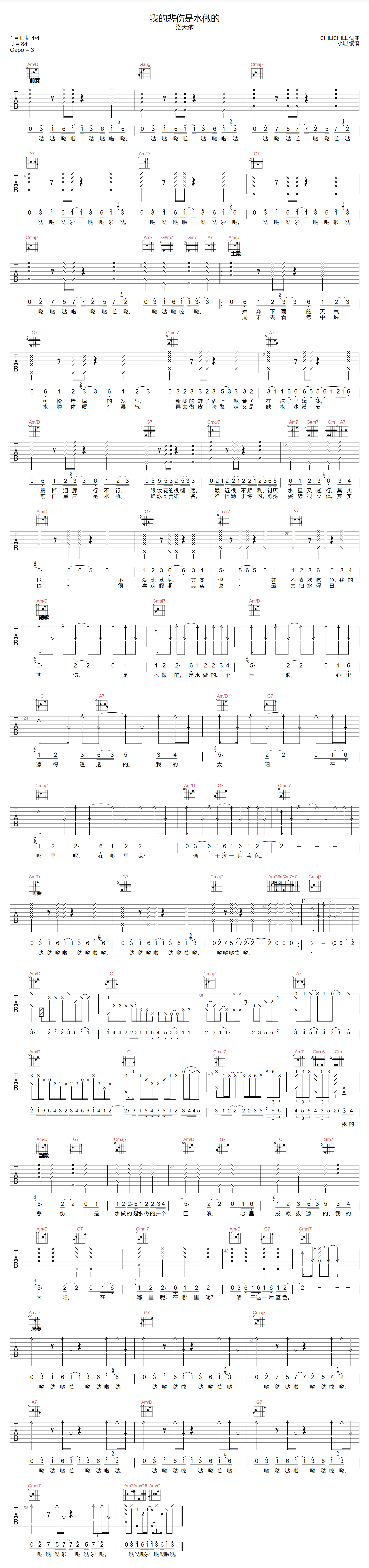 洛天依《我的悲伤是水做的》吉他谱_C调指法