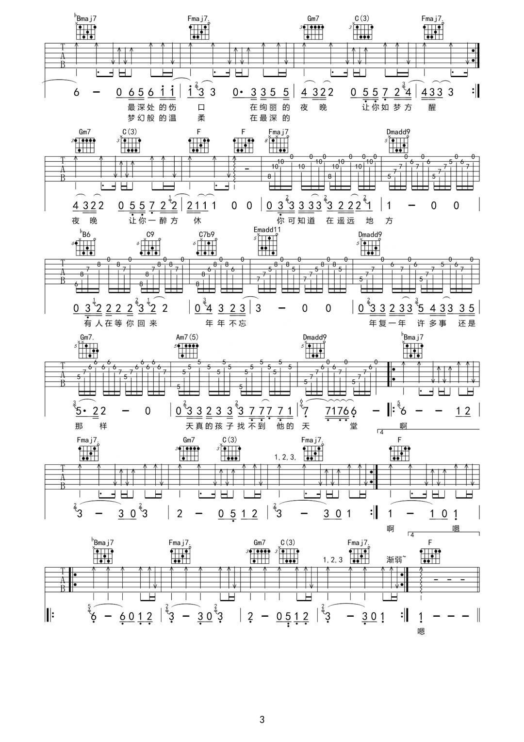 李健《迷雾》吉他谱_F调指法原版弹唱谱