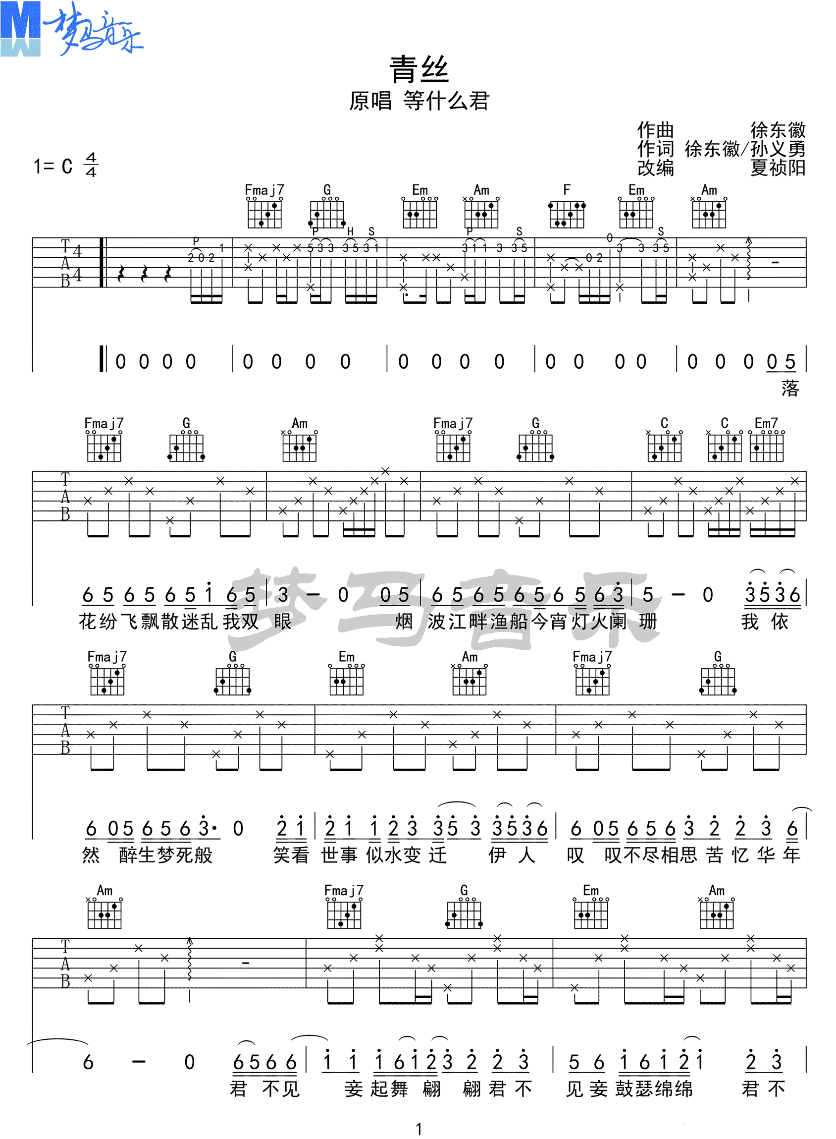 青丝吉他谱_等什么君《青丝》C调原版弹唱谱