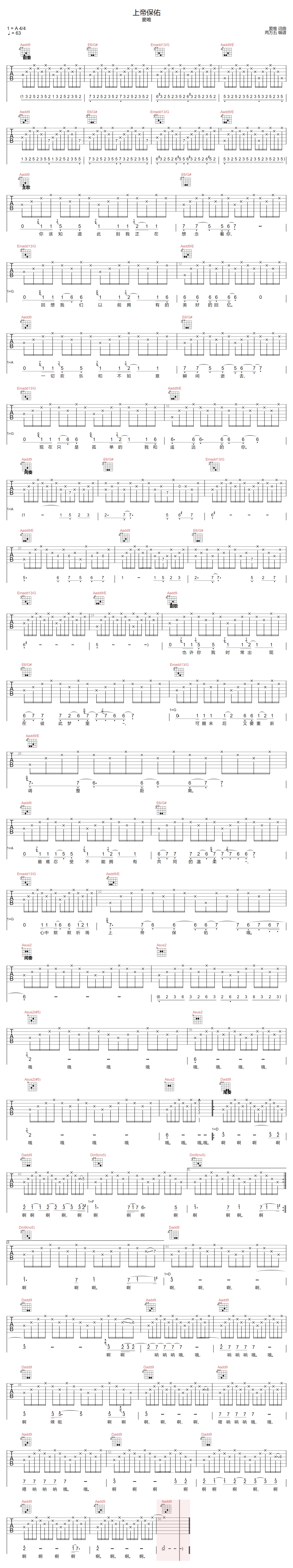 窦唯《上帝保佑》吉他谱_A调指法原版弹唱谱