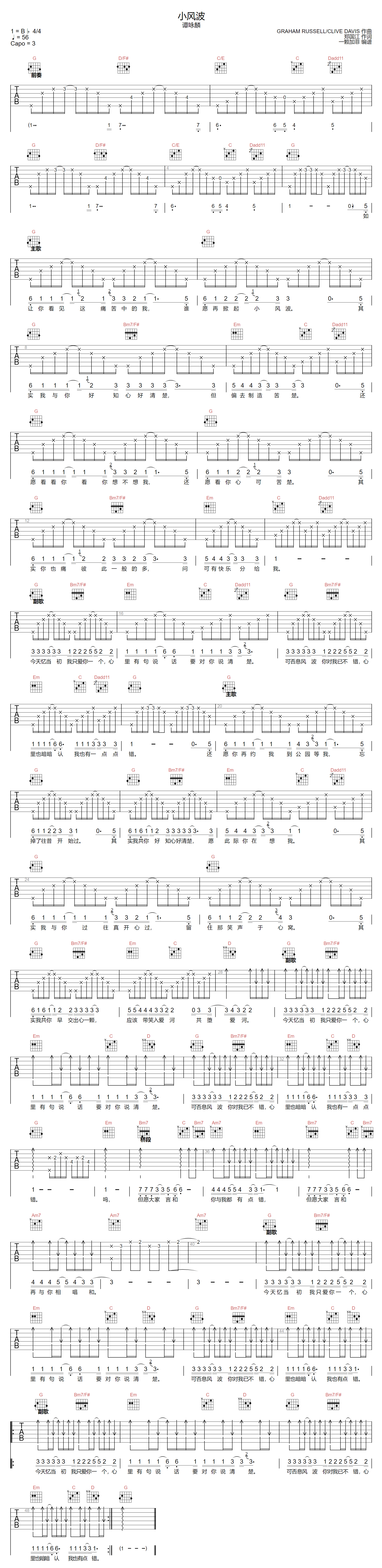 谭咏麟《小风波》吉他谱_G调指法原版弹唱谱