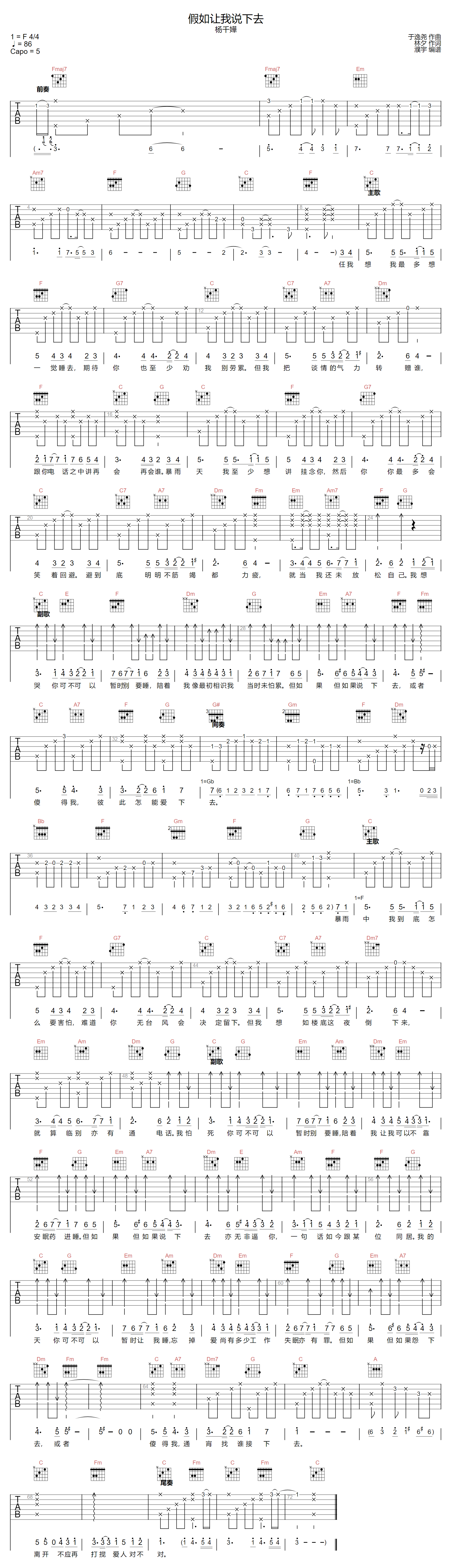 杨千嬅《假如让我说下去》吉他谱_C调原版 杨千嬅《假如让我说下去》吉他谱_C调原版