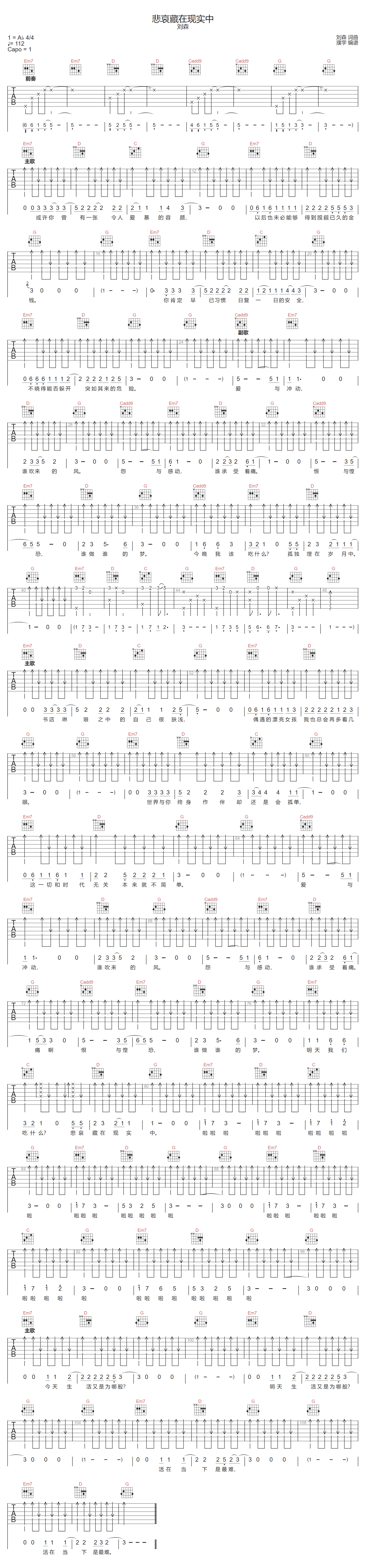 刘森《悲哀藏在现实中》吉他谱_G调原版弹唱谱