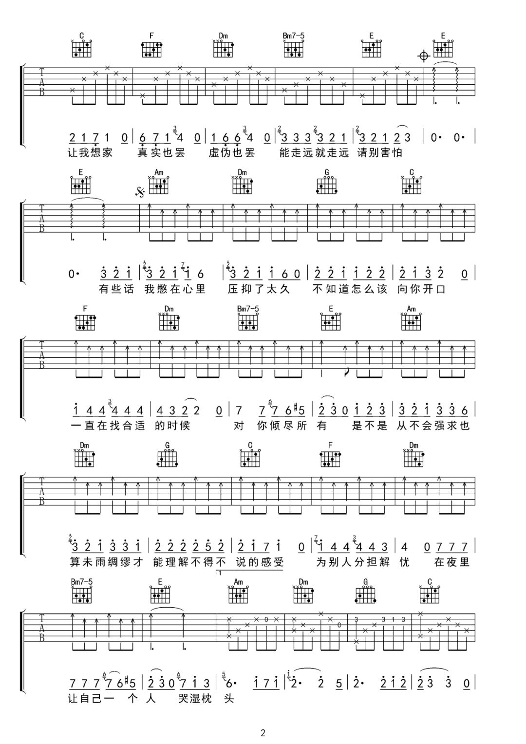 悦开心《别想他》吉他谱_C调指法原版弹唱谱