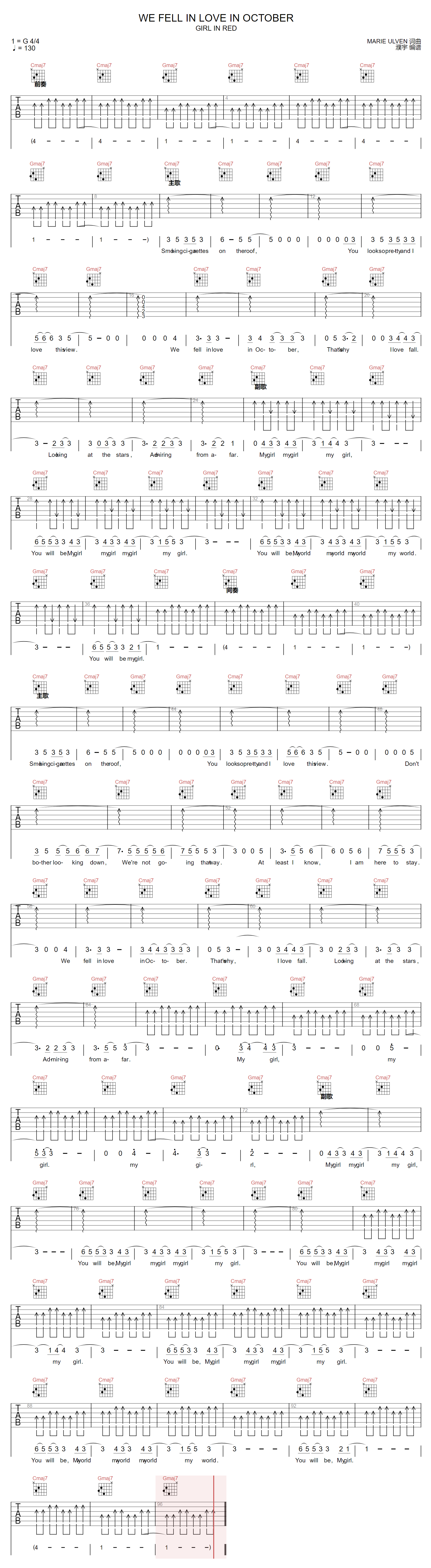 Girl In Red《We Fell In Love In October》吉他谱_G调弹唱吉他谱