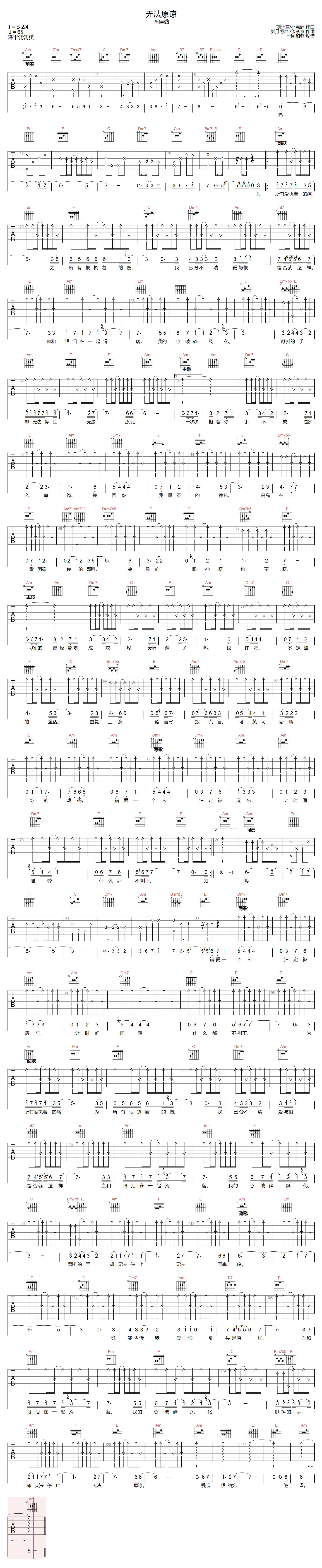 李佳璐《无法原谅》吉他谱_C调指法原版弹唱谱