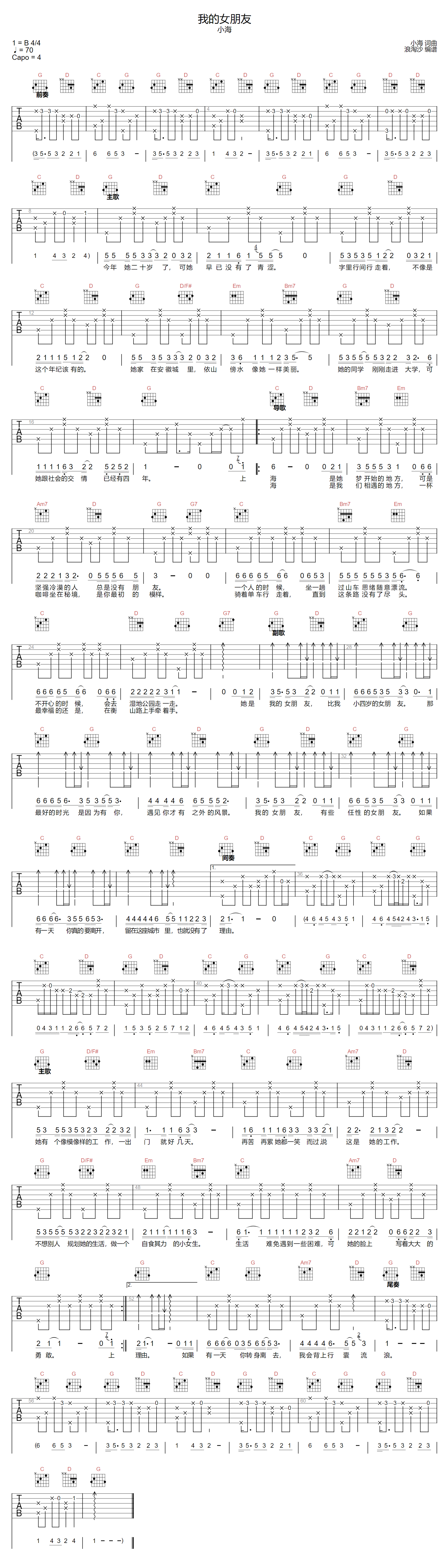 小海《我的女朋友》吉他谱_G调指法原版弹唱谱