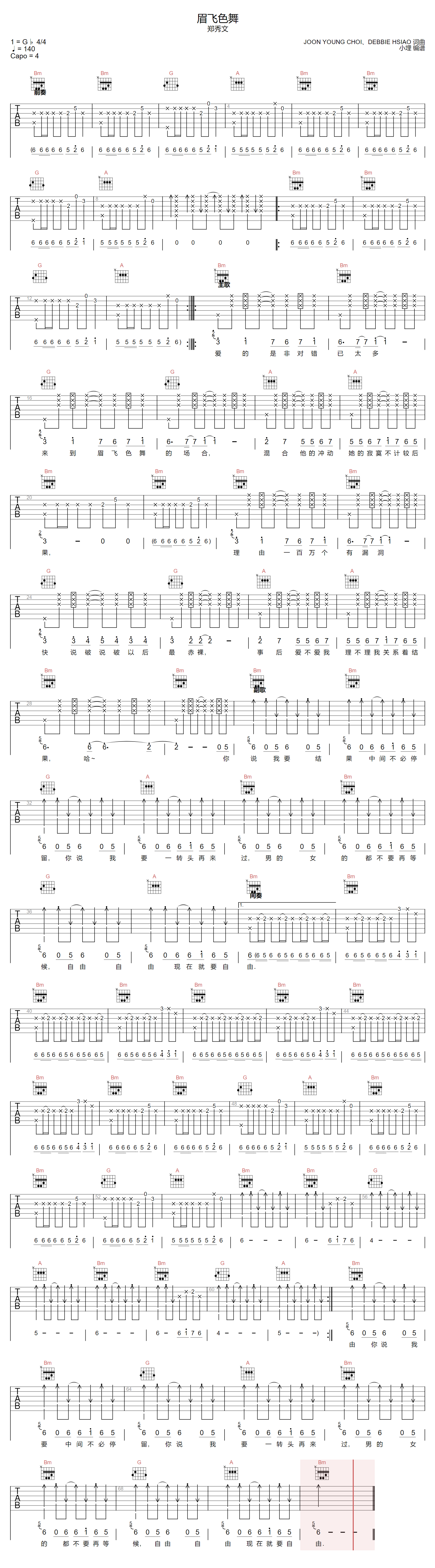 郑秀文《眉飞色舞》吉他谱_D调指法原版弹唱谱