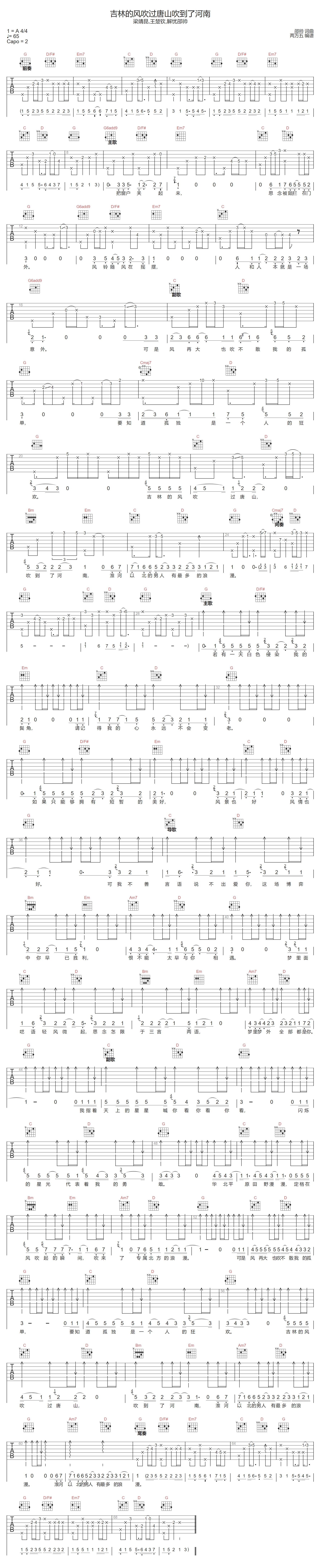 解忧邵帅《吉林的风吹过唐山吹到了河南》吉他谱_G调指法弹唱谱 解忧邵帅《吉林的风吹过唐山吹到了河南》吉他谱_G调指法弹唱谱