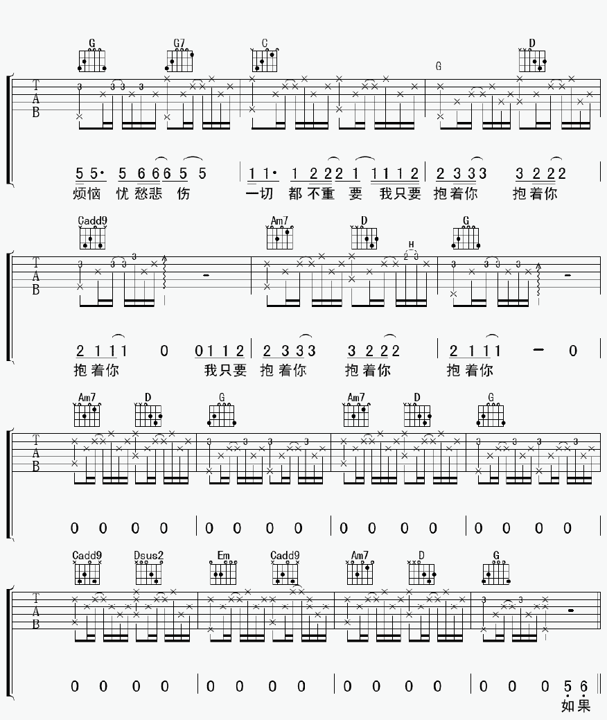 张震岳《抱着你》吉他谱_G调指法弹唱谱