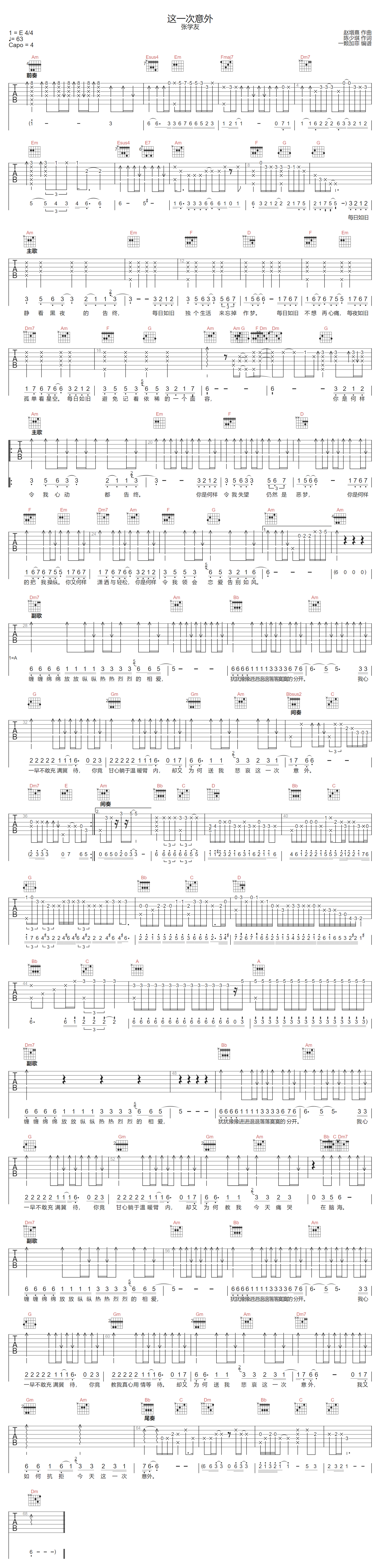 张学友《这一次意外》吉他谱_C调原版弹唱谱