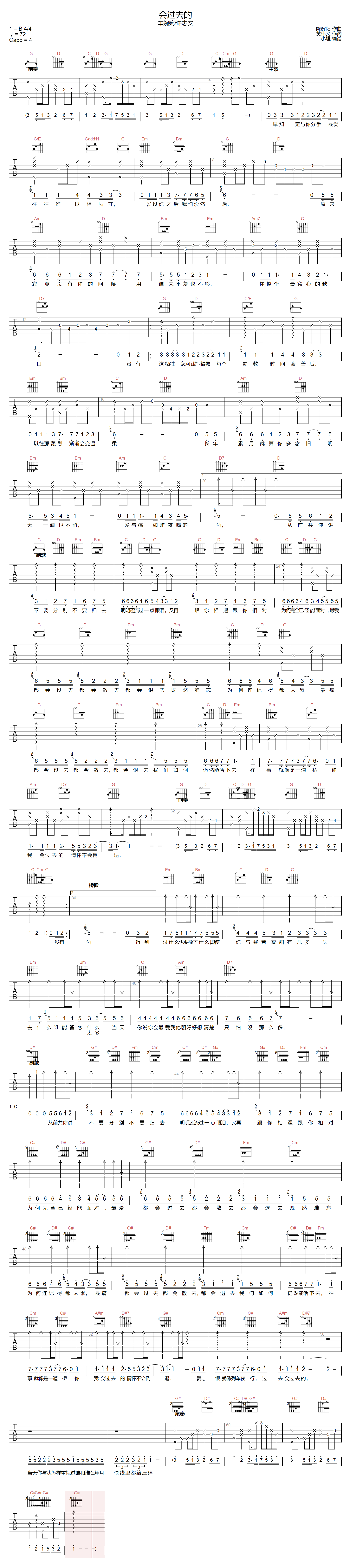 许志安/车婉婉《会过去的》吉他谱_G调原版 许志安/车婉婉《会过去的》吉他谱_G调原版
