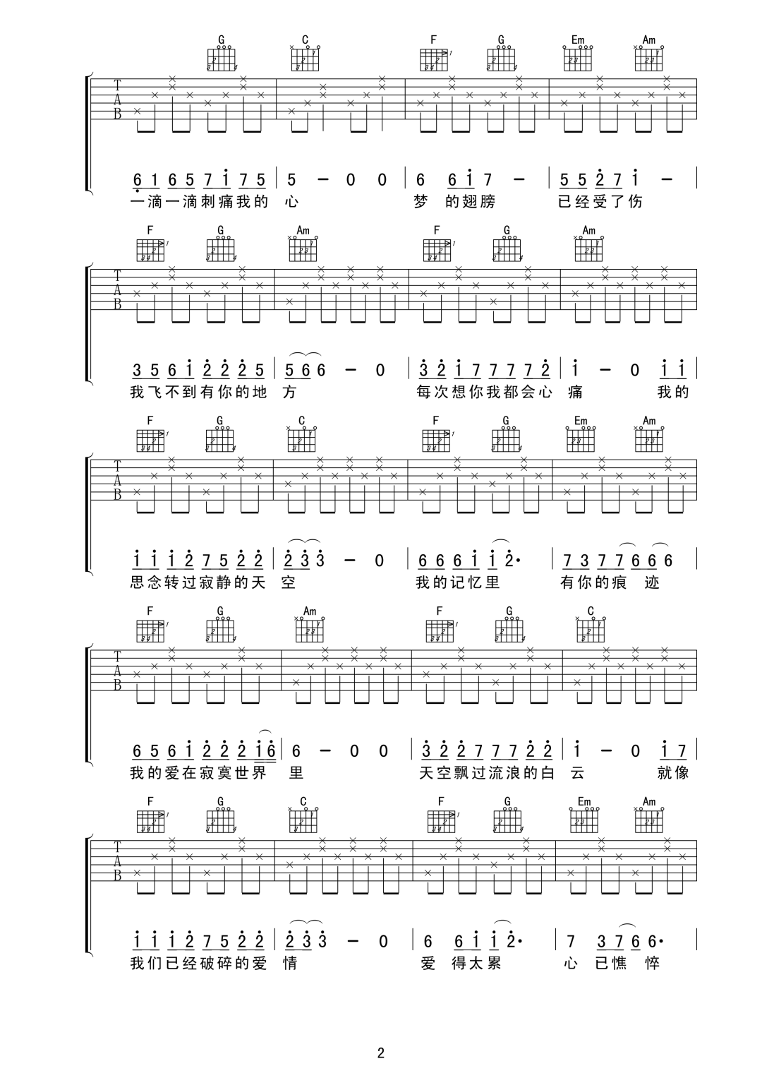 蒋雪儿《梦的翅膀受了伤》吉他谱_C调原版