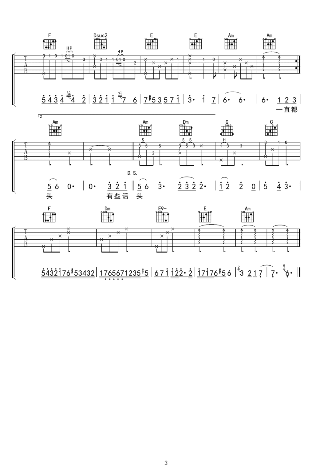 悦开心《别想他》吉他谱_C调指法原版弹唱谱