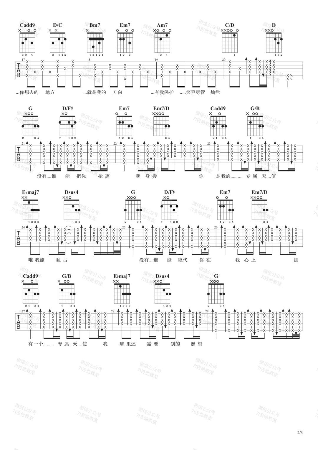 Tank《专属天使》吉他谱_G调指法原版弹唱谱