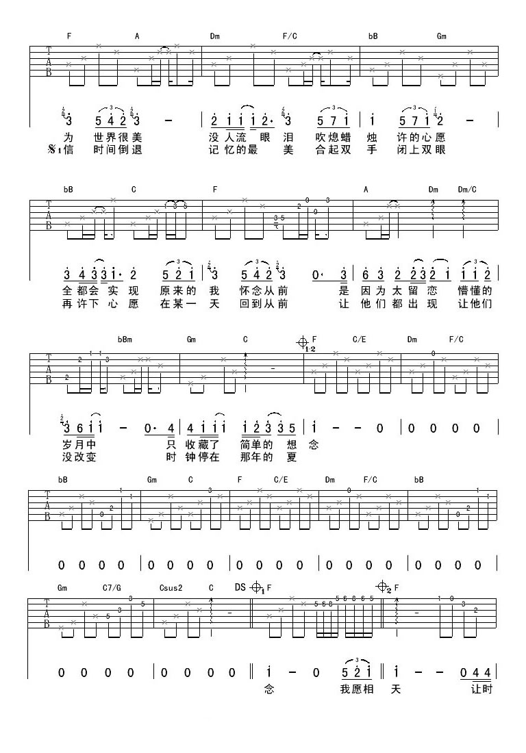 许飞《那年夏天》吉他谱_F调指法原版弹唱谱