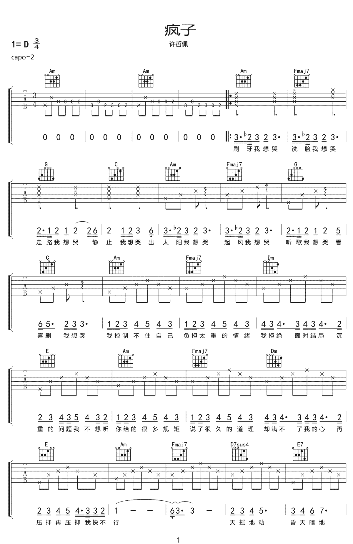许哲佩《疯子》吉他谱_C调指法原版弹唱谱 许哲佩《疯子》吉他谱_C调指法原版弹唱谱