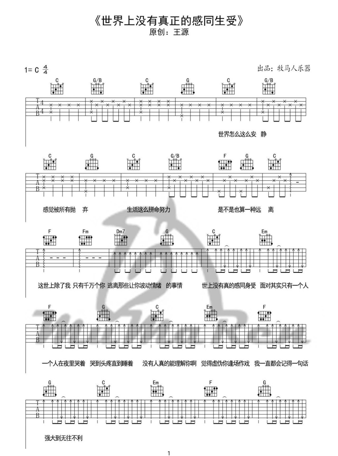 王源《世界上没有真正的感同身受》吉他谱_C调简单版弹唱吉他谱