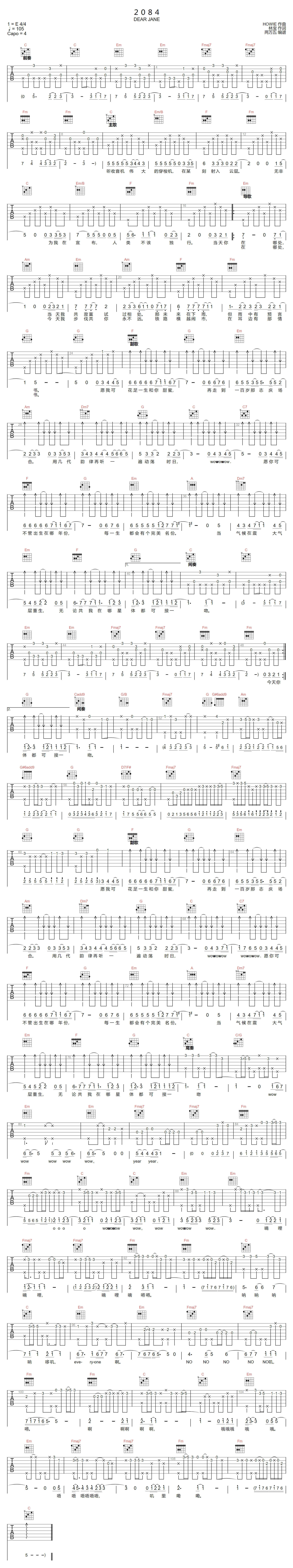 Dear Jane《2084》吉他谱_C调指法原版弹唱谱