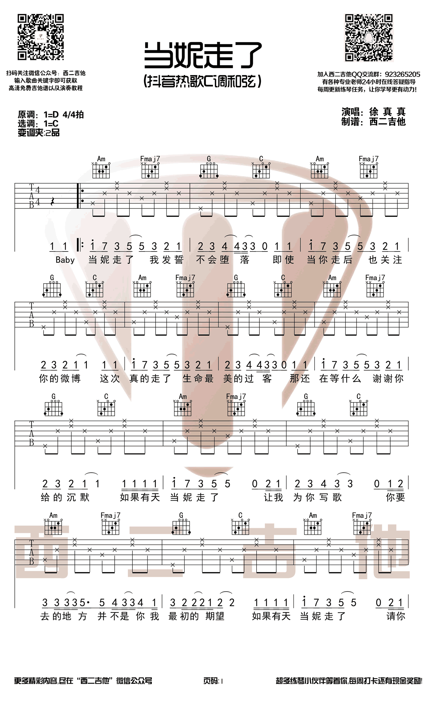 徐真真《当妮走了》吉他谱_C调指法简单版