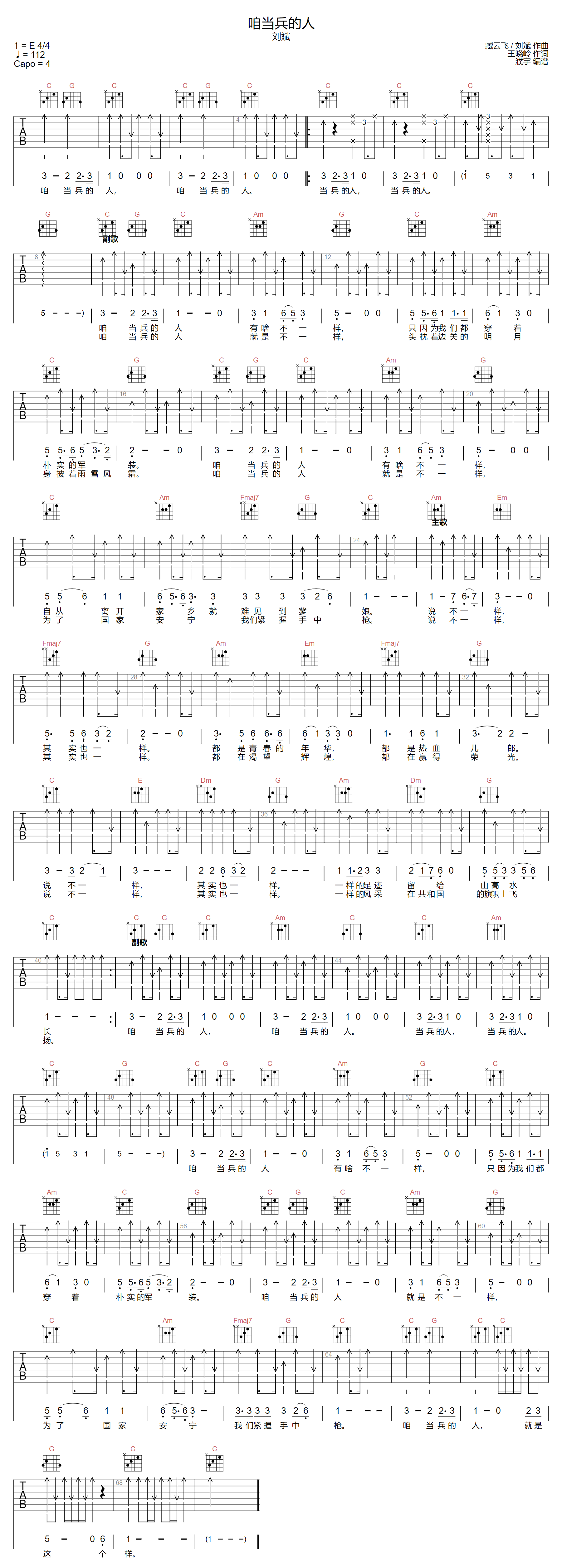 刘斌《咱当兵的人》吉他谱_C调指法扫弦版