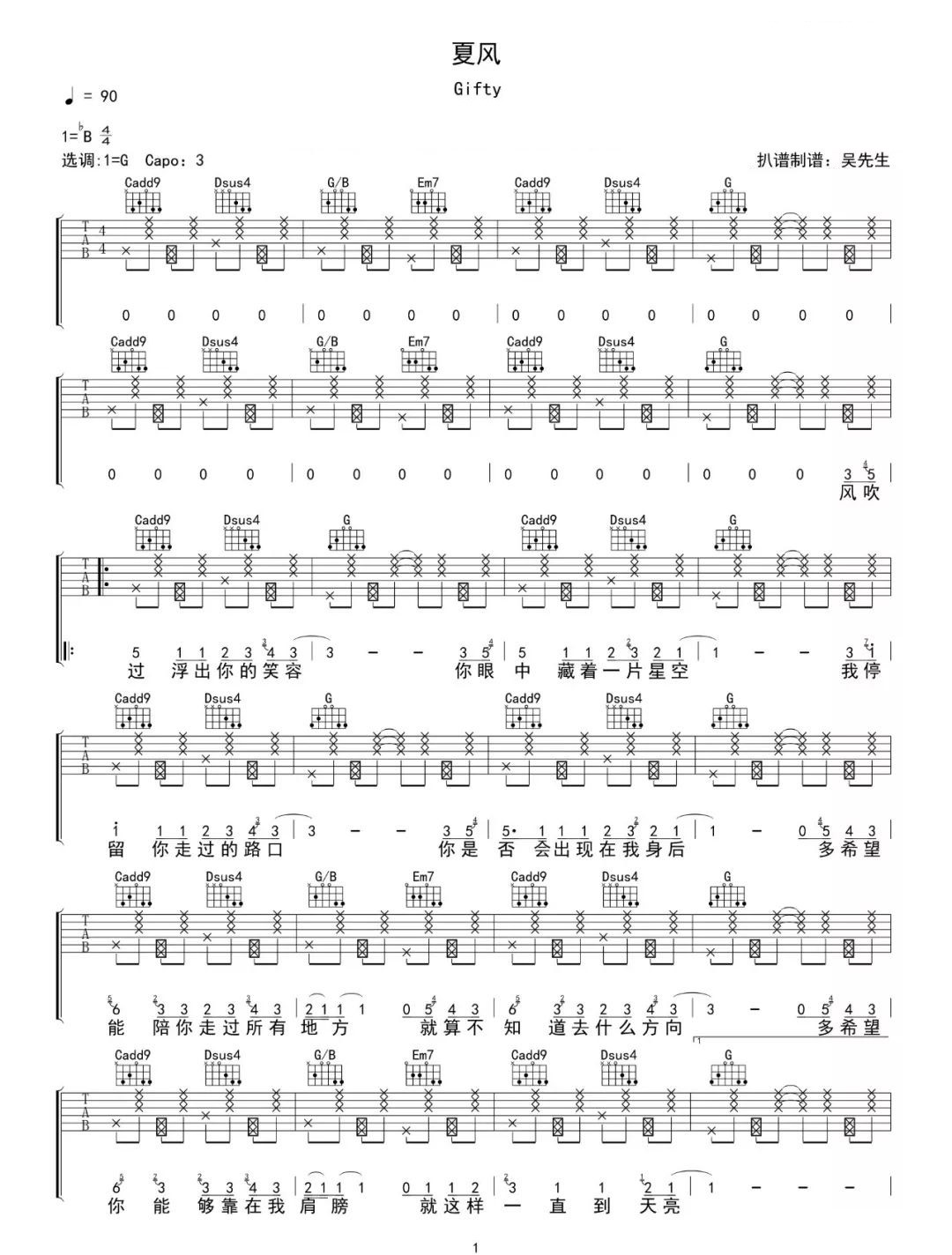 Gifty《夏风》吉他谱_C调指法原版弹唱谱