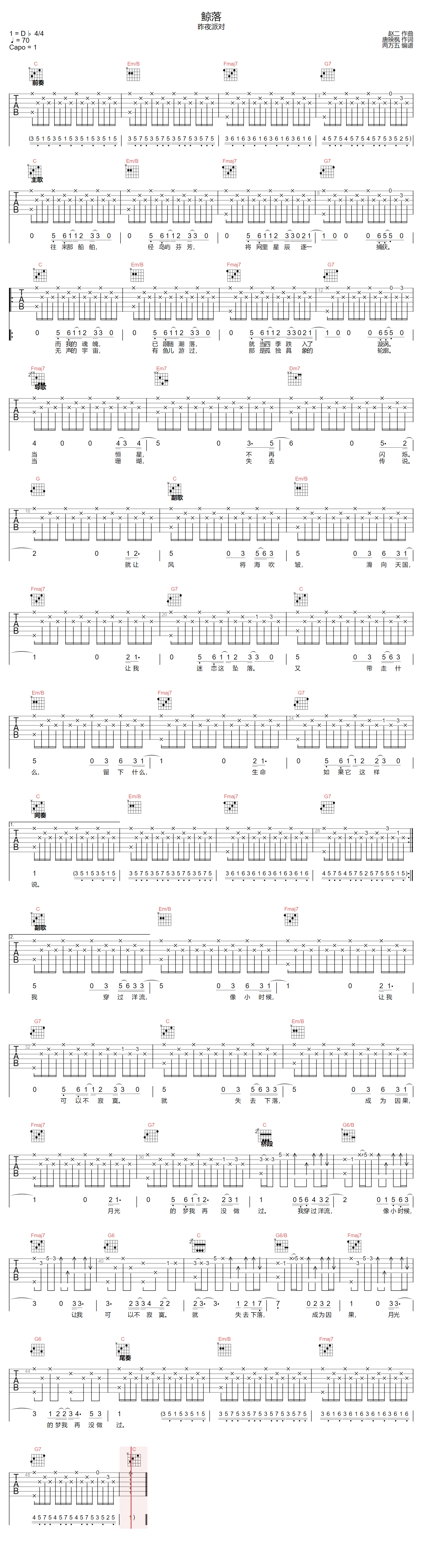 昨夜派对《鲸落》吉他谱_C调指法原版弹唱谱