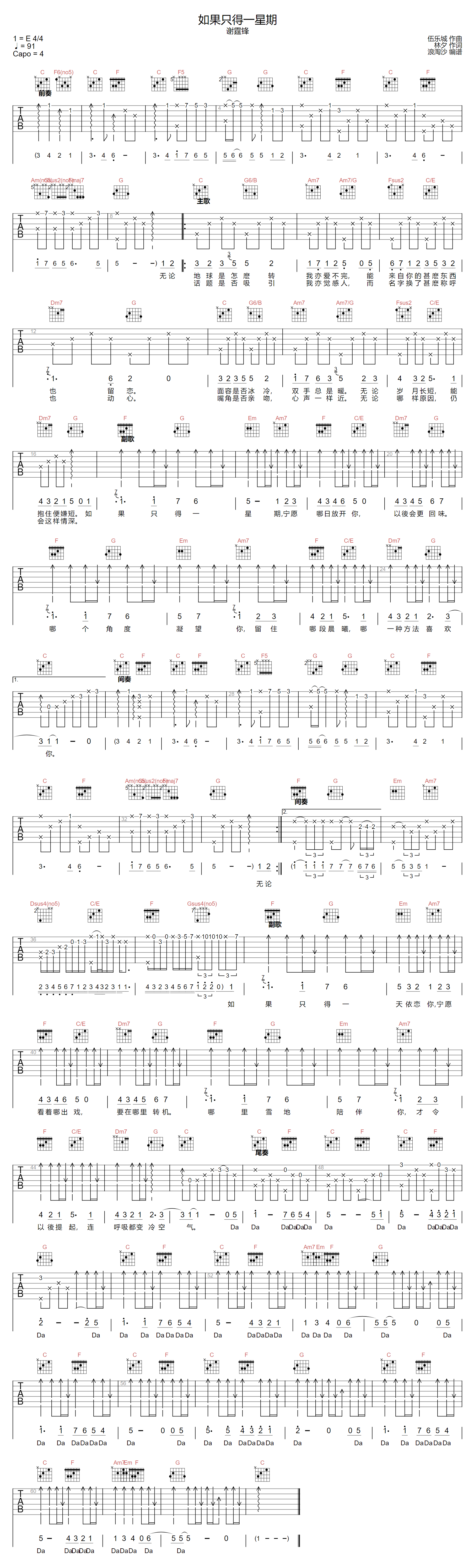 谢霆锋《如果只得一星期》吉他谱_C调原版