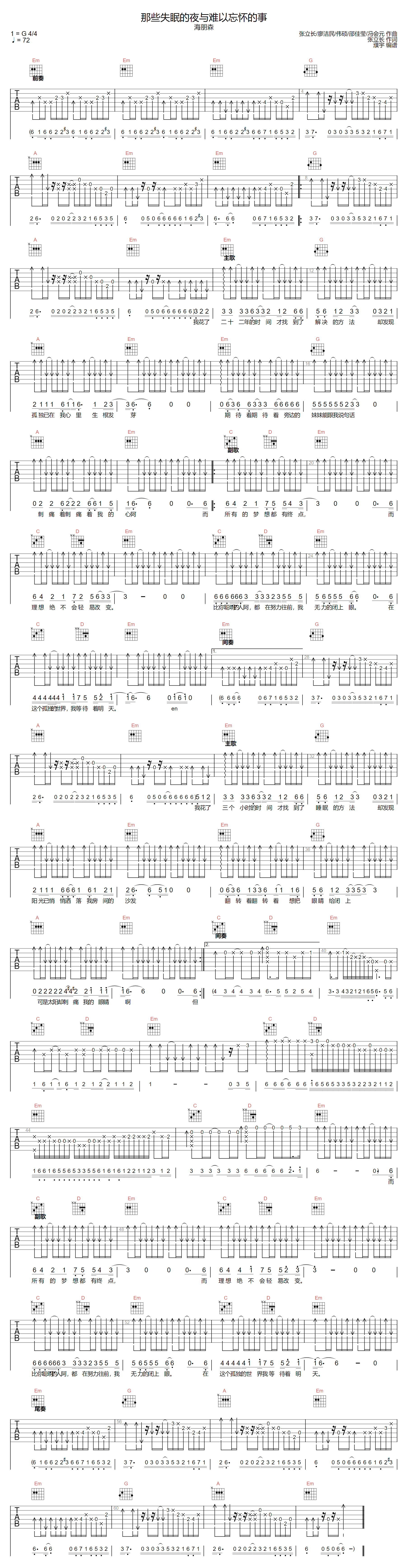 海朋森《那些失眠的夜与难以忘怀的事》吉他谱_G调_吉他弹唱谱
